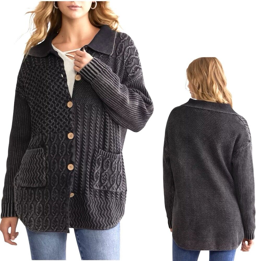 BKE Buckle Washed Black Cable Knit Cardigan Chunky Slouch Sweater Women’s M